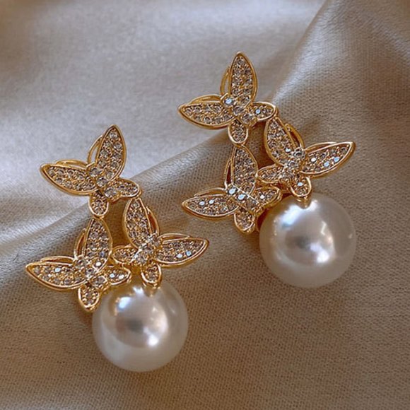 925 Silver Needle Rhinestone Butterfly Pearl Stud Earrings ZB1108200 - Picture 2 of 4